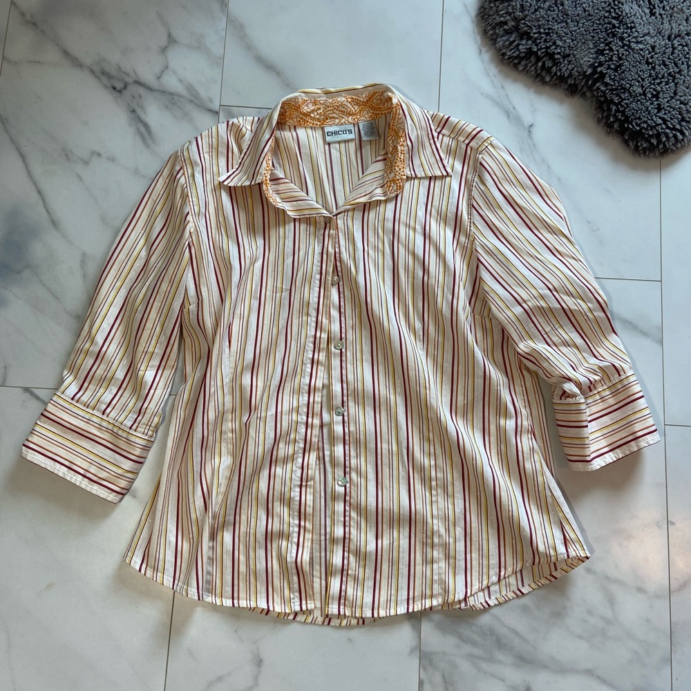 Chicos size 2 (large) striped button up top 3/4 sleeves flip cuff spring casual